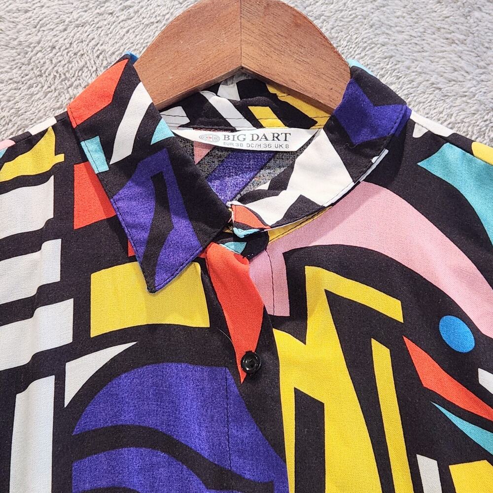 Big Dart Womens Multicolor 90s Abstract Button Up Blouse Wearable Art Retro Y2K - Picture 2 of 9